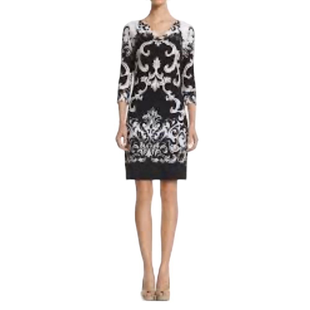 White House Black Market scroll print chemise shift dress black white S